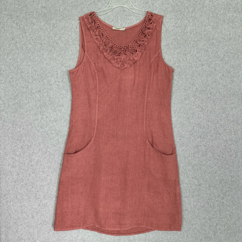 Lungo L'Arno 100% Linen Dress Womens Large Lagenlook Shift Pockets Rosette READ - Picture 2 of 14
